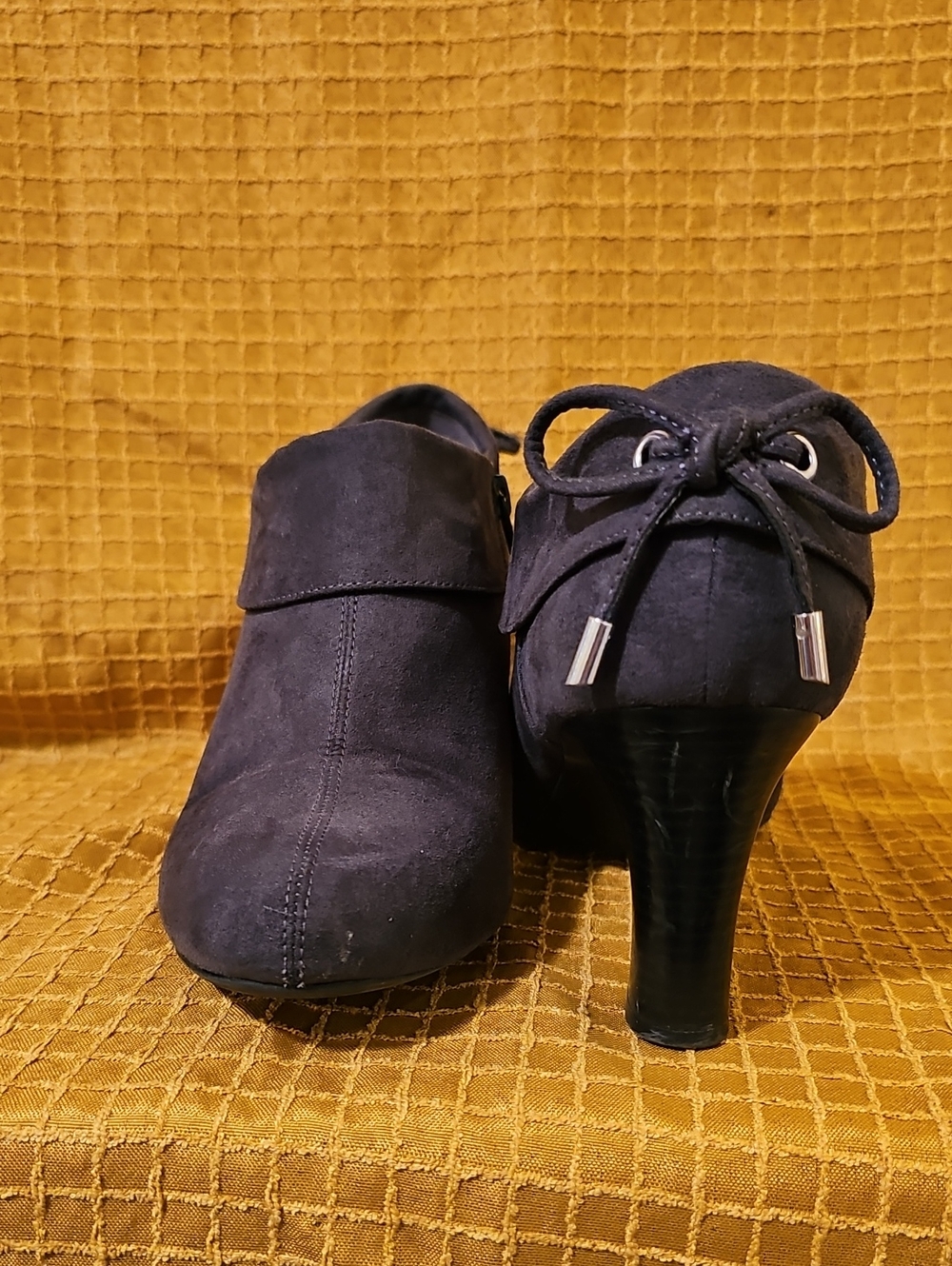 Coach and Four Navy Suede Heeled Ankle Booties with Back Tie